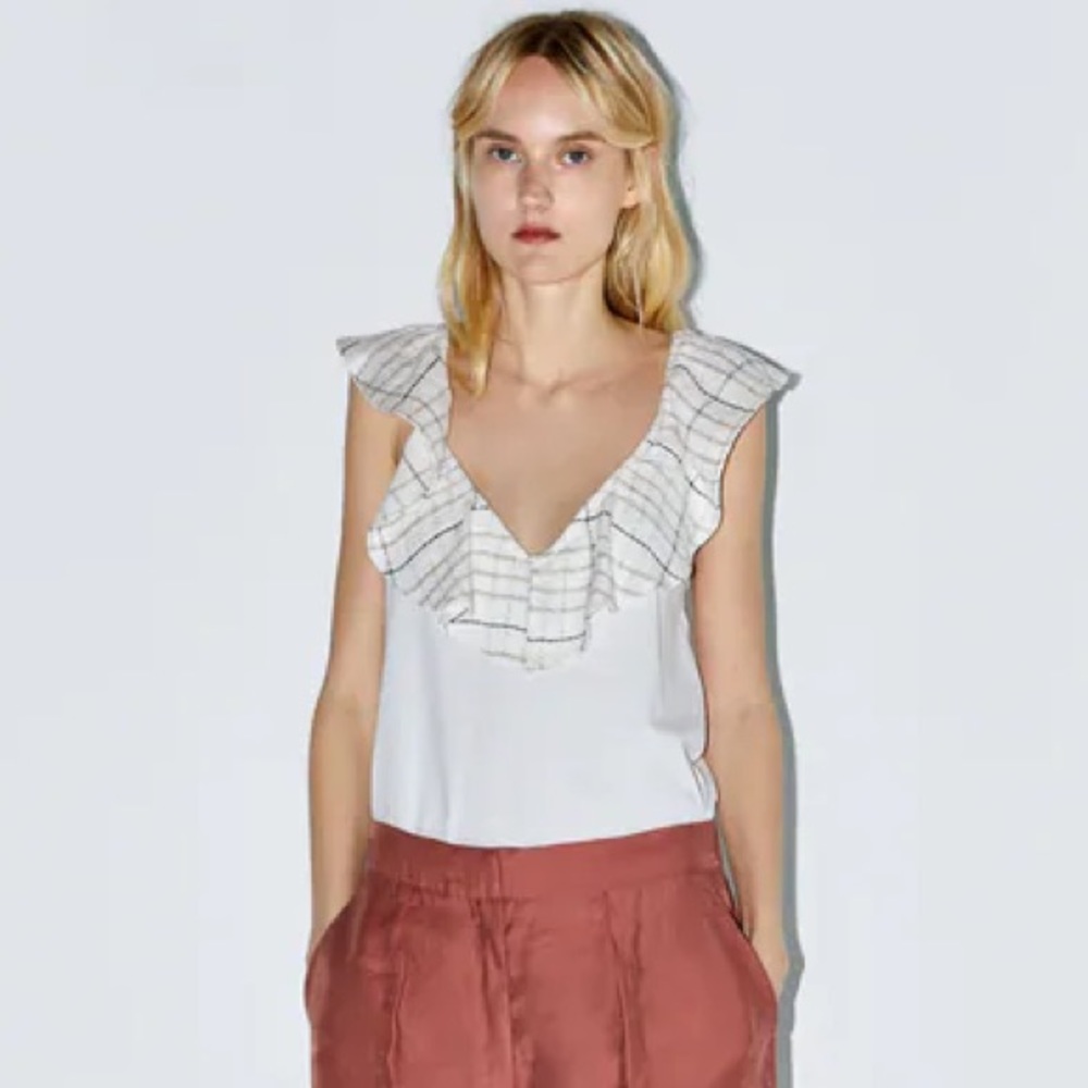 Zara CONTRASTING SHIRT W/ FRILLS RUFFLE Size L NEW
